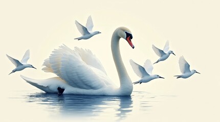 Fototapeta premium Graceful Swan Print with White Birds