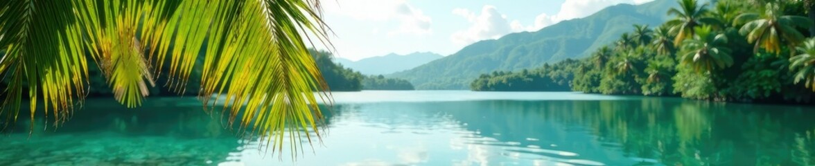Fototapeta premium Palm fronds sway above the shore of a tranquil lake, serene, natural