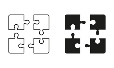 Jigsaw Square Pieces Match Line and Silhouette Icon Set. Puzzle Challenge, Teamwork, Logic Game, Idea Sign. Combination Solution Icon. Editable Stroke. Isolated Vector Illustration
