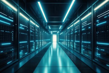 high-tech data center interior with rows of illuminated servers, blue led lights, reflective surfaces