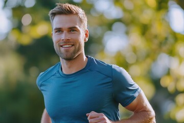 Fototapeta premium A man wearing a blue shirt is in motion, running with purpose