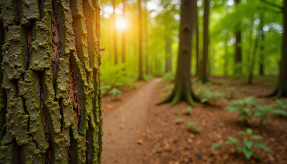Fototapeta premium Ant trail on tree bark in forest at noon, nature's intricate journey