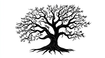 Ancient oak tree silhouette, sprawling roots, white background, nature design