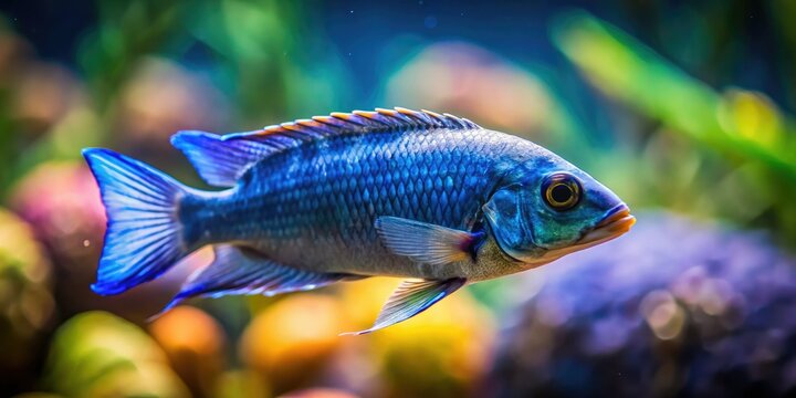 Johanni cichlid, metallic blue-gray scales shimmer, a miniature world in tilt-shift photography.