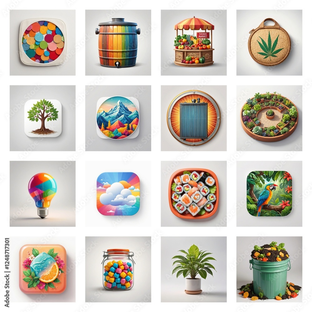 Poster colorful icon collection for apps, games, web design. varied and diverse design elements in a digita