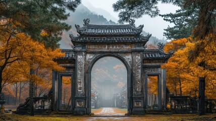 Obraz premium Ancient stone gate with detailed carvings framed by lush greenery, inviting exploration into a forgotten world.