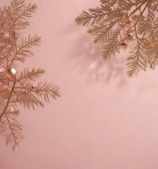 Obraz premium Soft pink background with minimalist gold ornaments on the right side, featuring delicate pine branches and subtle rose hues , decorations, minimalist, spruce