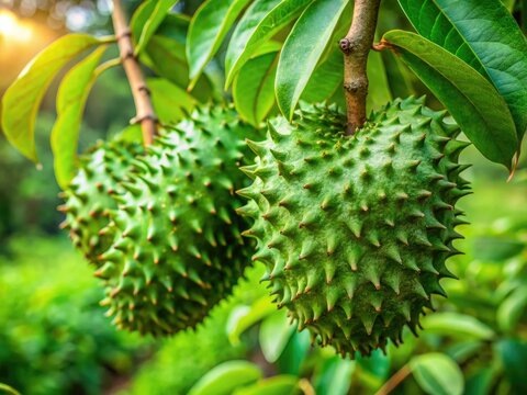 Lush green soursop leaves frame ripe, exotic fruit, ready for harvest.