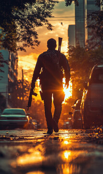 Silhouettes of a man holding a gun and a drill