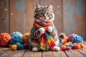 Adorable kitten with playful mood wearing a colorful scarf amidst vibrant yarn balls