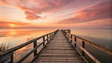 Obraz premium Softly glowing sunrise over a vintage wooden pier stretching into a serene lake or ocean, wooden structure, peaceful atmosphere, serene landscape, sunrise shine