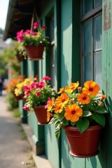 Fototapeta premium Vibrant calibrachoa overflowing from hanging baskets against weathered wood , pots, Calibrachoa, gardening