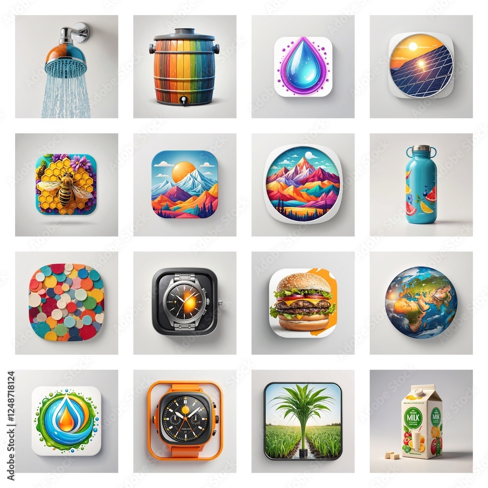 Poster diverse icon collection for app, game, and web design. colorful and varied icons in a square grid fo