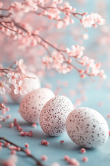 Fototapeta premium Beautiful blue background with eggs and cherry tree blooming twigs. Easter concept.