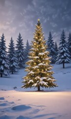 Fototapeta premium Snowy winter landscape with Christmas tree and lights, snowy evening scene, winter wonderland, holiday decorations