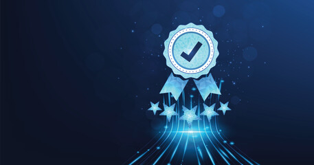 Quality guarantee mark concept.Quality Assurance (QA) and Quality Control (QC) ISO certification, The icon for quality assurance is on a dark blue background. 