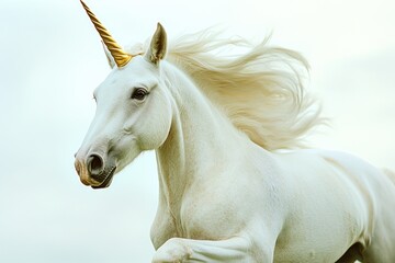 Obraz premium A white horse with a golden horn running freely in a green landscape