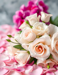 Decoration artificial white roses flower bouquet as a floral wallpaper with soft focus and copy space. White rose and orchid petals background for valentines day or wedding ceremony, comic art. with