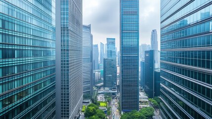 Fototapeta premium A panoramic view of a bustling corporate business district with elegant office structures and lush outdoor spaces.