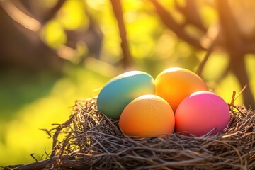 A natural scene of three eggs in a nest surrounded by foliage and a tree in the background, great for illustrations about wildlife or nature