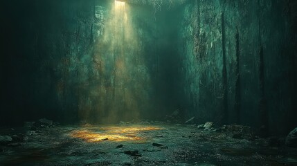 Dark cave interior with light beam.