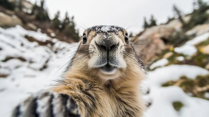 Obraz premium Close-up photo of a ground squirrel in snowy surroundings, perfect for winter scenes or nature documentaries