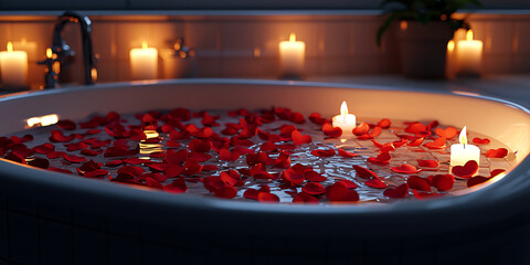 Bathtub filled with rose petals and lit candles, creating a romantic and relaxing atmosphere..
