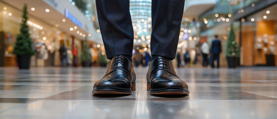 Fototapeta premium Close-up view of polished leather shoes walking through a modern shopping mall with a professional appearance