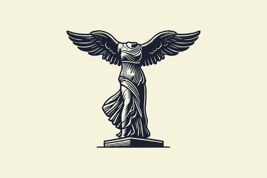 Ancient winged female statue without arms, vintage engraving style