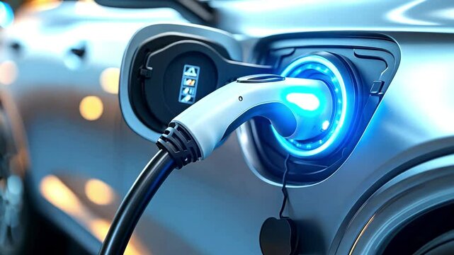 Closeup EV charger handle plugged in or connect to electric car, recharging EV car battery with alternative and sustainable energy with zero CO2 emission for clean environment. Perpetual