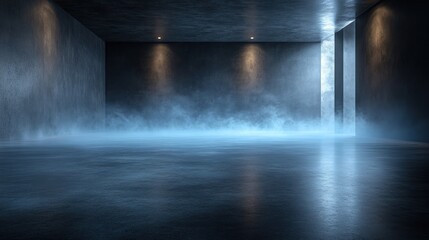 Dark, moody room with fog, lights, and concrete floor.