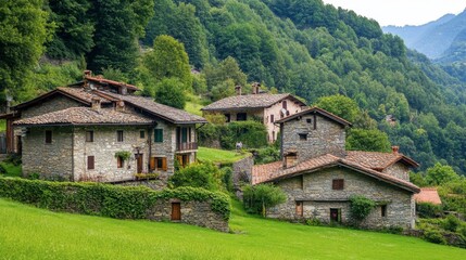 Obraz premium A peaceful morning view of a village in the Italian Alps, with traditional stone houses and lush greenery.