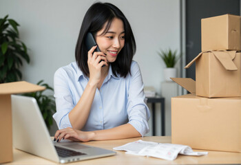 businesswoman with black medium-length hair making a phone call while surrounded by open shipping packages and a laptop displaying ecommerce data