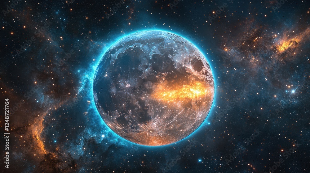 Poster glowing planet in nebula; cosmic background; space exploration; science fiction art