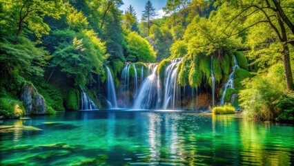 Obraz premium waterfall cascading into crystal clear lake surrounded by lush green trees with vibrant foliage, calmness