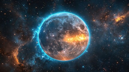 Obraz premium Glowing planet in nebula; cosmic background; space exploration; science fiction art