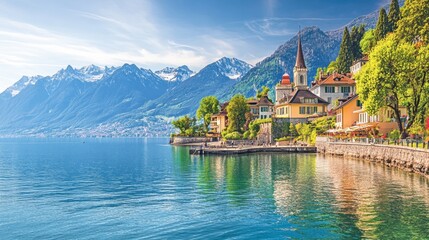 Fototapeta premium A peaceful scene of Lake Geneva with the city of Montreux on the shoreline, surrounded by the majestic Alps in the background.