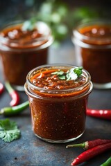 A close-up shot of a jar of chili sauce with a label and lid