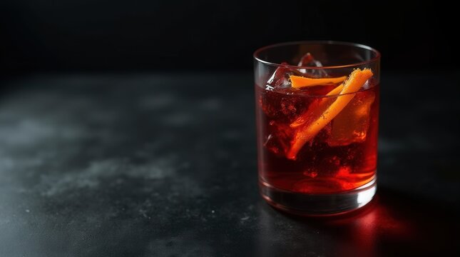 Bold negroni served in lowball glass with orange twist garnishing