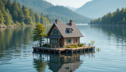 Fototapeta premium small house on a calm lake surrounded by mountains and greenery
