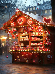 Fototapeta premium Heart-adorned wooden market stall illuminated with twinkling lights, selling Valentine's Day gifts in a festive outdoor setting..