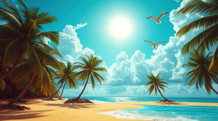 Idyllic Tropical Beach Scene With Palm Trees And Birds