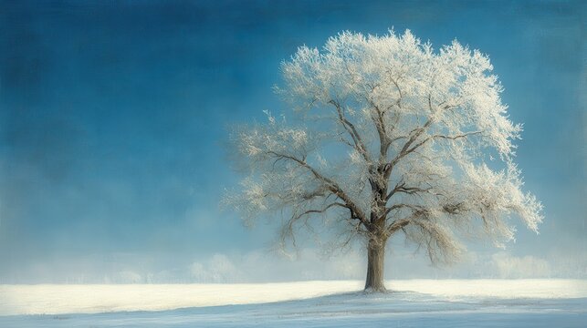 Frosty winter tree, snowy field, blue sky, serene landscape, nature photography