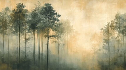 Misty forest landscape with tall trees against a soft background