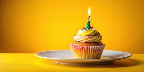 A moist and colorful cupcake with a lit candle in the center on a bright yellow background, emitting soft warm light