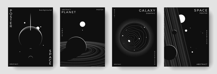 Set of abstract space astronomy backgrounds. Line art galaxy, solar system, planet, black hole. Science future concept. Cosmic minimalist design for cover, poster, layout, banner, flyer, brochure © Anastasiya Stoma