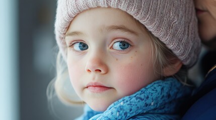 portrait of a young girl with blue eyes wearing winter hat and scarf