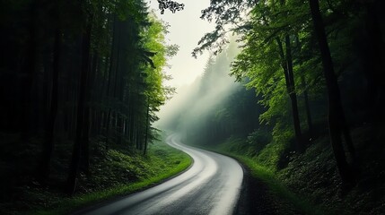 Naklejka premium Lonely road through an eerie misty forest, soft fog blurring the path, mysterious and atmospheric, cinematic storytelling composition