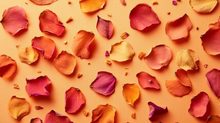 Colorful rose petals are scattered on an orange background