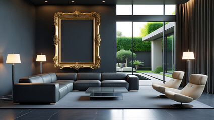 Modern Living Room Interior with ISO A Paper Size Poster Mockup – Elegant 3D Render Design
